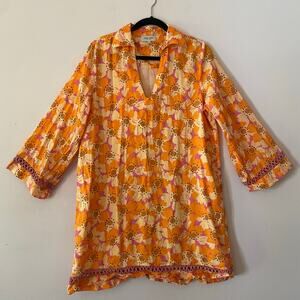 Olivia James the Label Orange Pink Floral Shift Dress Spring Cotton Women Large